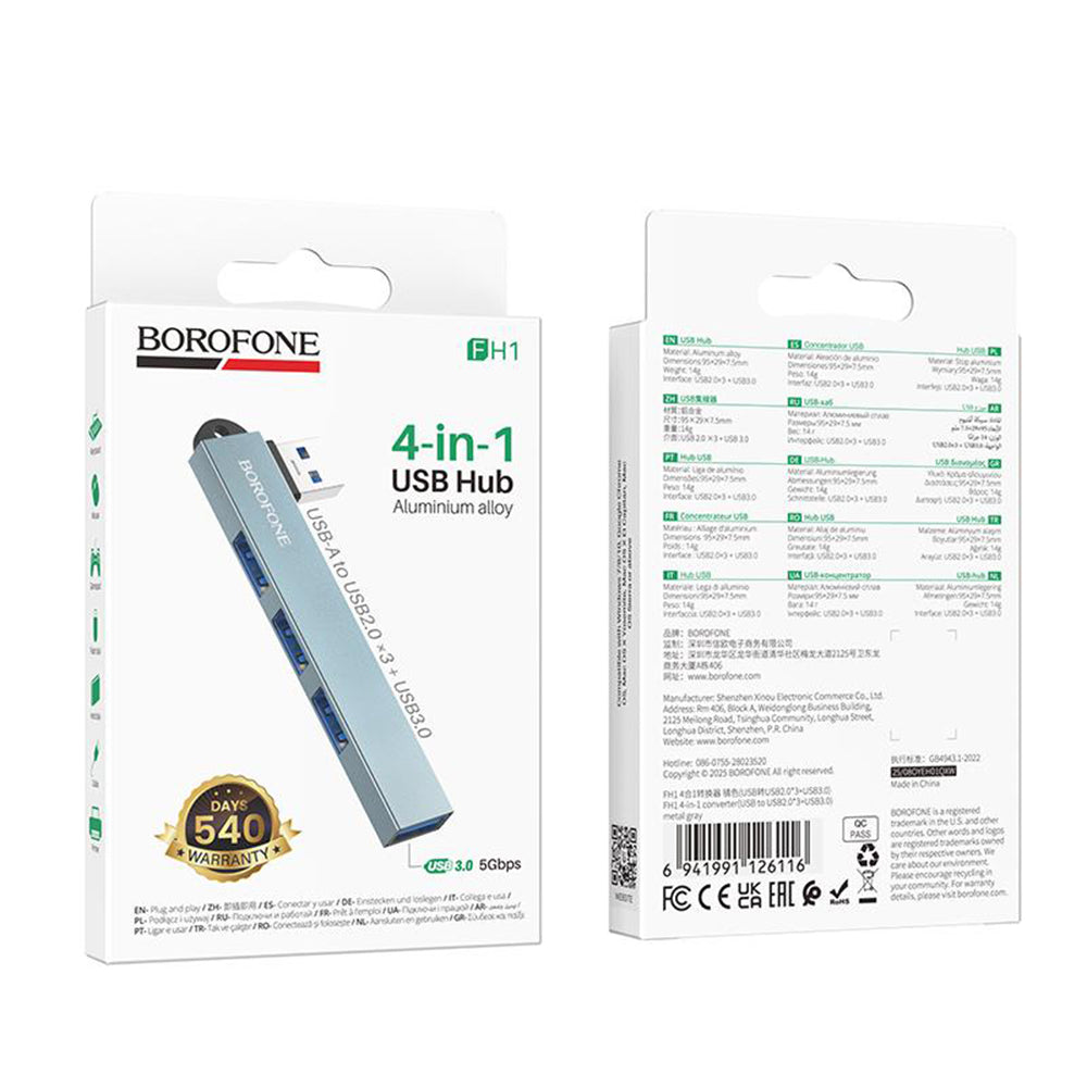 USB Hub Borofone FH1, 4u1, Siva