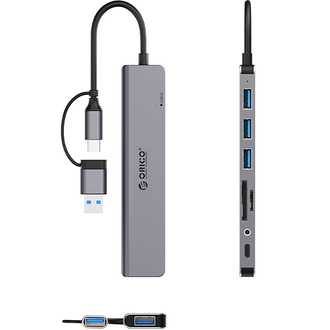 Hub USB / USB-C Orico YSA8-U3, 1 x USB-A 3.0 - 3 x USB-A - 1 x USB-C - 1 x Jack 3.5mm - 1 x SD - 1 x microSD, Crni