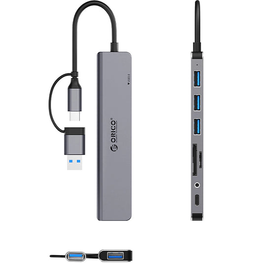 Hub USB / USB-C Orico YSA8-U3, 1 x USB-A 3.0 - 3 x USB-A - 1 x USB-C - 1 x Jack 3.5mm - 1 x SD - 1 x microSD, Crni