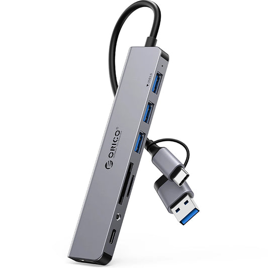Hub USB / USB-C Orico YSA8-U3, 1 x USB-A 3.0 - 3 x USB-A - 1 x USB-C - 1 x Jack 3.5mm - 1 x SD - 1 x microSD, Crni