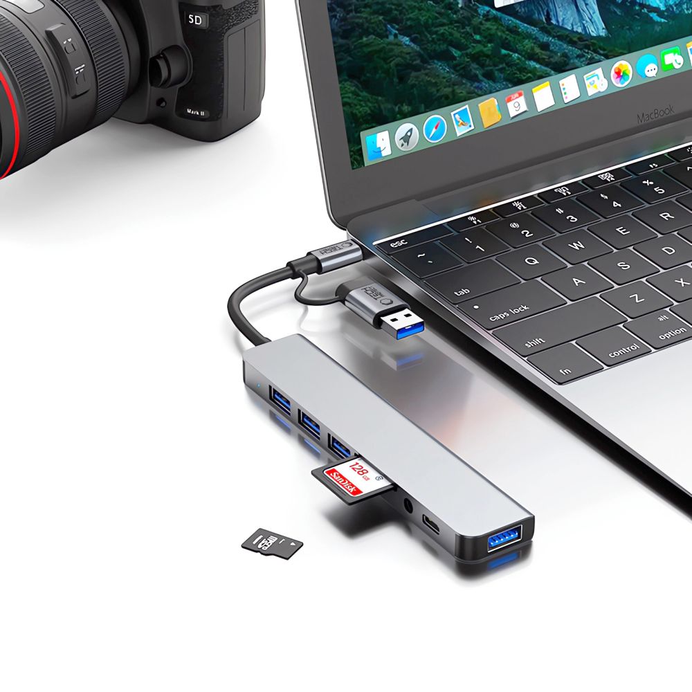 Hub USB / USB-C Tech-Protect HB06, 2 x USB-A 3.0 - 2 x USB-A - 1 x USB-C - 1 x Jack 3.5mm - 1 x SD - 1 x microSD, Sivi
