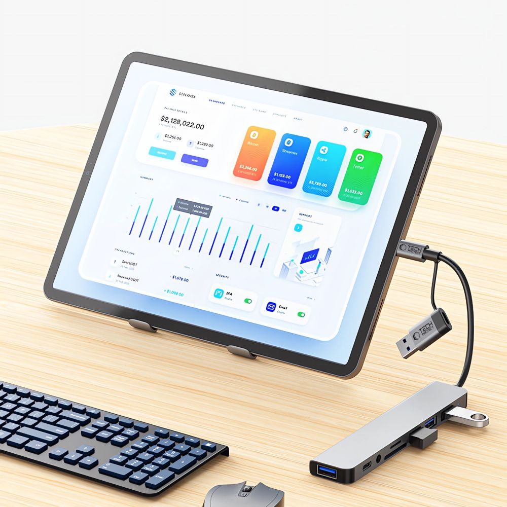 Hub USB / USB-C Tech-Protect HB06, 2 x USB-A 3.0 - 2 x USB-A - 1 x USB-C - 1 x Jack 3.5mm - 1 x SD - 1 x microSD, Sivi