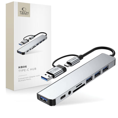 Hub USB / USB-C Tech-Protect HB06, 2 x USB-A 3.0 - 2 x USB-A - 1 x USB-C - 1 x Jack 3.5mm - 1 x SD - 1 x microSD, Sivi