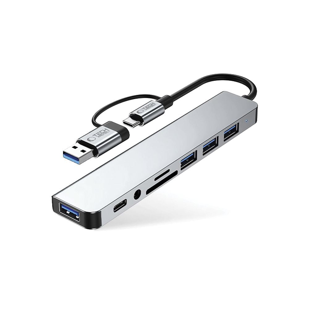 Hub USB / USB-C Tech-Protect HB06, 2 x USB-A 3.0 - 2 x USB-A - 1 x USB-C - 1 x Jack 3.5mm - 1 x SD - 1 x microSD, Sivi