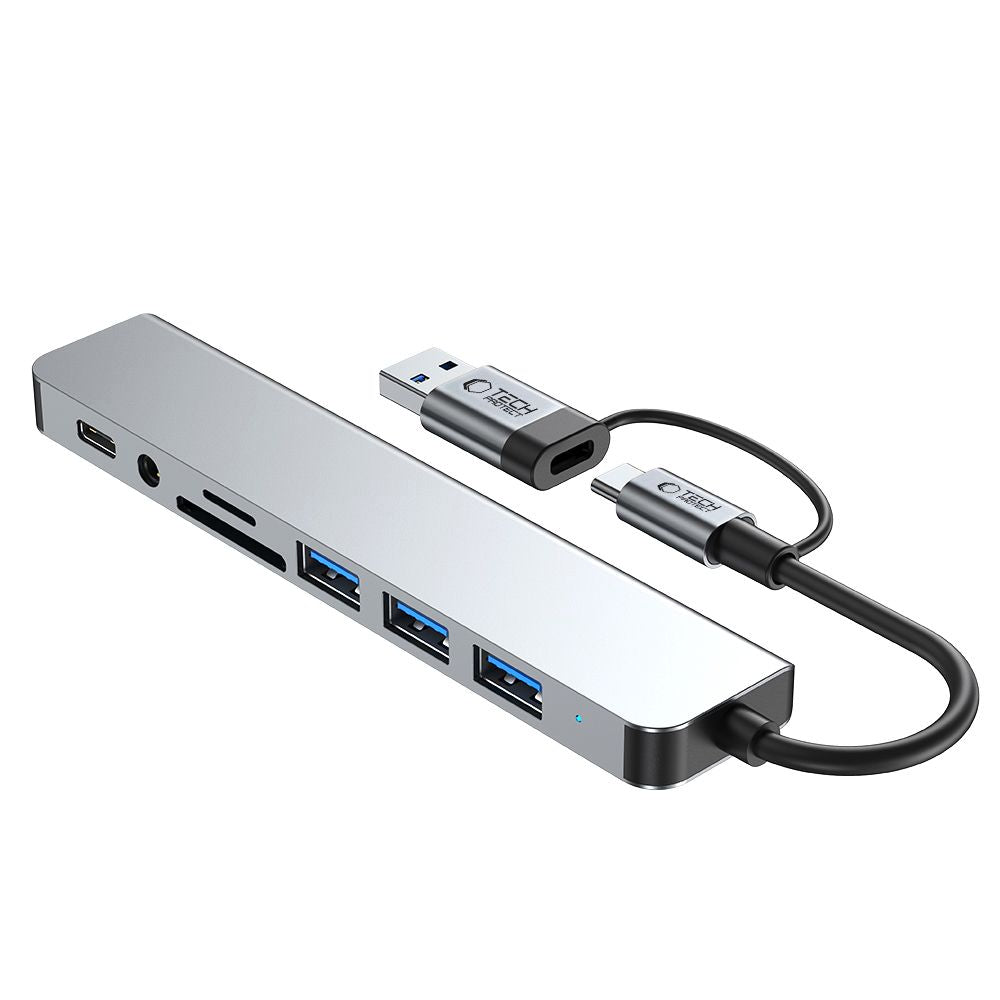 Hub USB / USB-C Tech-Protect HB06, 2 x USB-A 3.0 - 2 x USB-A - 1 x USB-C - 1 x Jack 3.5mm - 1 x SD - 1 x microSD, Sivi