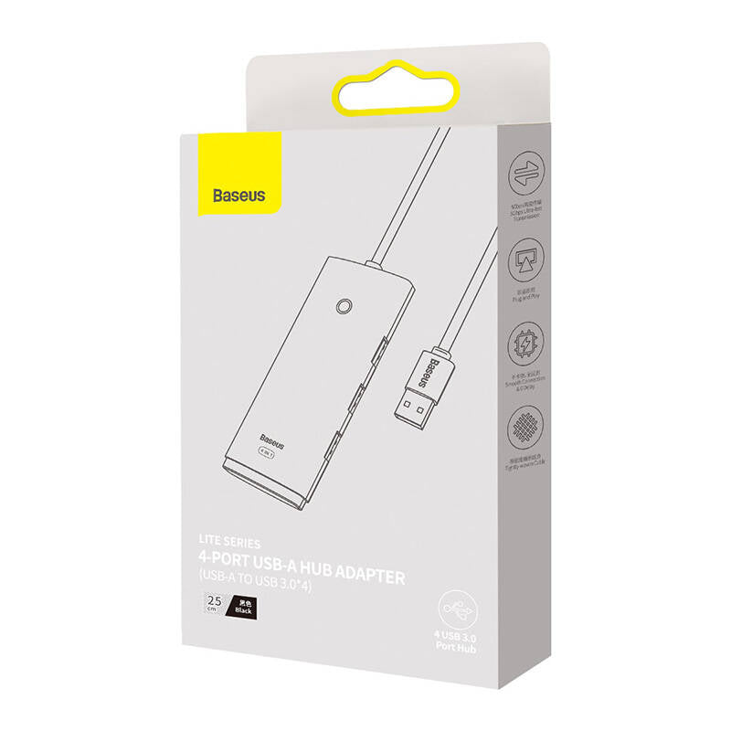 USB Hub Baseus Lite, 4 x USB-A 3.0 - 1 x USB-C, 0.25m, Crni WKQX030001