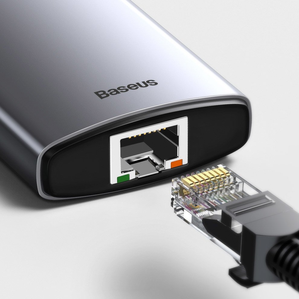 USB-C hub Baseus, 3 x USB-A 3.0 - 1 x USB-C - 1 x HDMI - 1 x RJ45 - 1 x SD - 1 x microSD, sivi CAHUB-CV0G