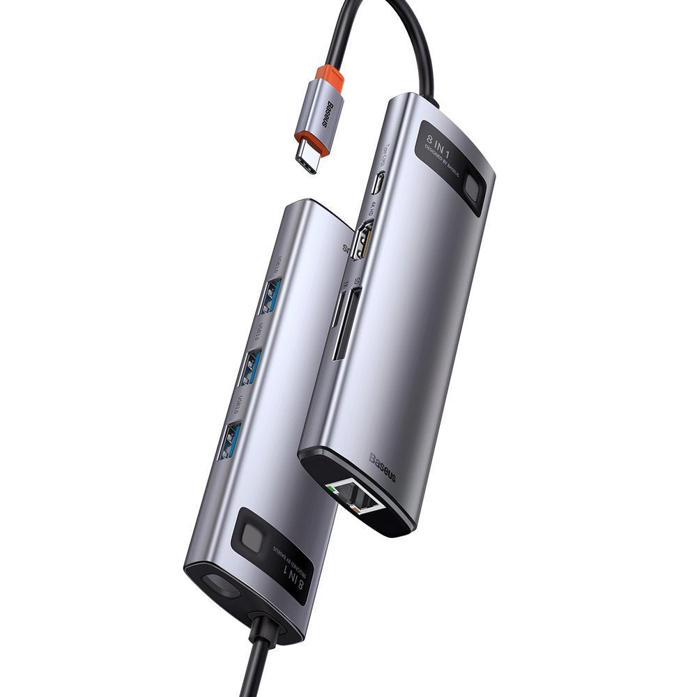 USB-C hub Baseus, 3 x USB-A 3.0 - 1 x USB-C - 1 x HDMI - 1 x RJ45 - 1 x SD - 1 x microSD, sivi CAHUB-CV0G