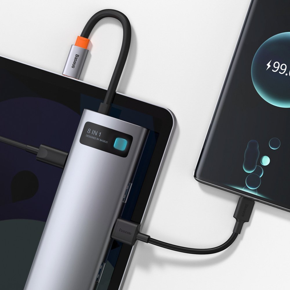 USB-C hub Baseus, 3 x USB-A 3.0 - 1 x USB-C - 1 x HDMI - 1 x RJ45 - 1 x SD - 1 x microSD, sivi CAHUB-CV0G