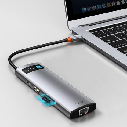USB-C hub Baseus, 3 x USB-A 3.0 - 1 x USB-C - 1 x HDMI - 1 x RJ45 - 1 x SD - 1 x microSD, sivi CAHUB-CV0G