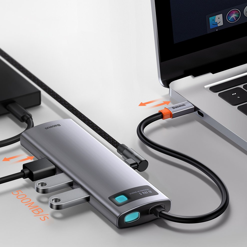 USB-C hub Baseus, 3 x USB-A 3.0 - 1 x USB-C - 1 x HDMI - 1 x RJ45 - 1 x SD - 1 x microSD, sivi CAHUB-CV0G