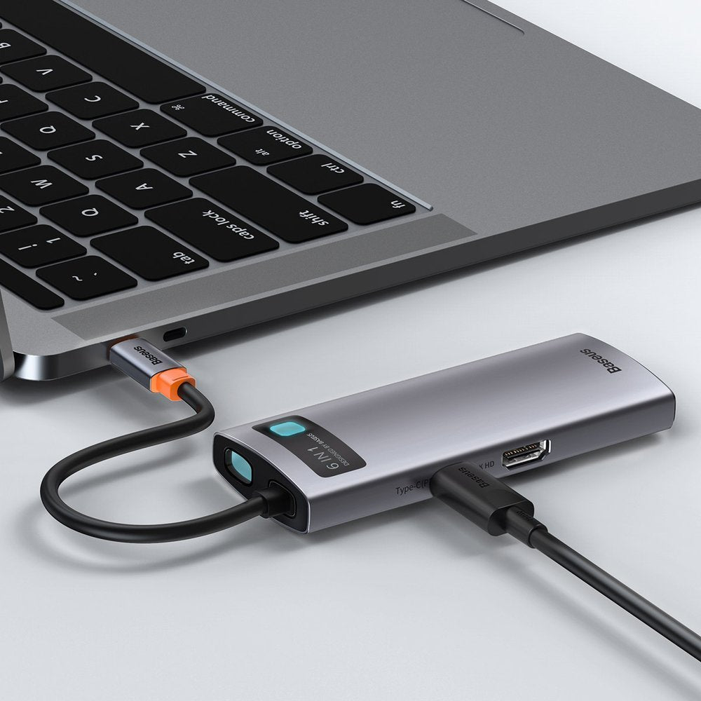 Hub USB-C Baseus Metal Gleam, 3 x USB-A 3.0 - 1 x USB-C - 1 x HDMI - 1 x RJ45, Siva CAHUB-CW0G