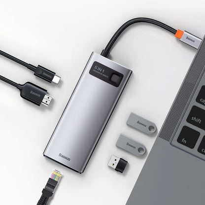 Hub USB-C Baseus Metal Gleam, 3 x USB-A 3.0 - 1 x USB-C - 1 x HDMI - 1 x RJ45, Siva CAHUB-CW0G