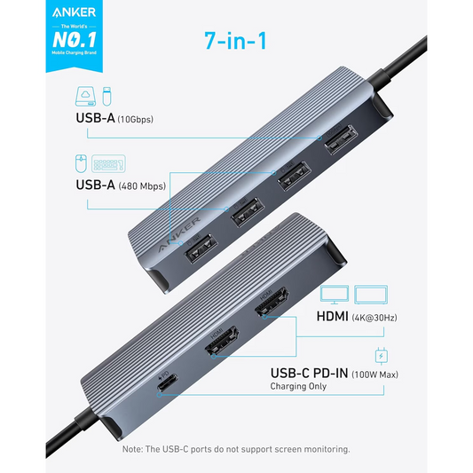 Hub USB-C Anker, 1 x USB-A 3.2 - 3 x USB-A - 1 x USB-C - 2 x HDMI, Sivi A83740A2