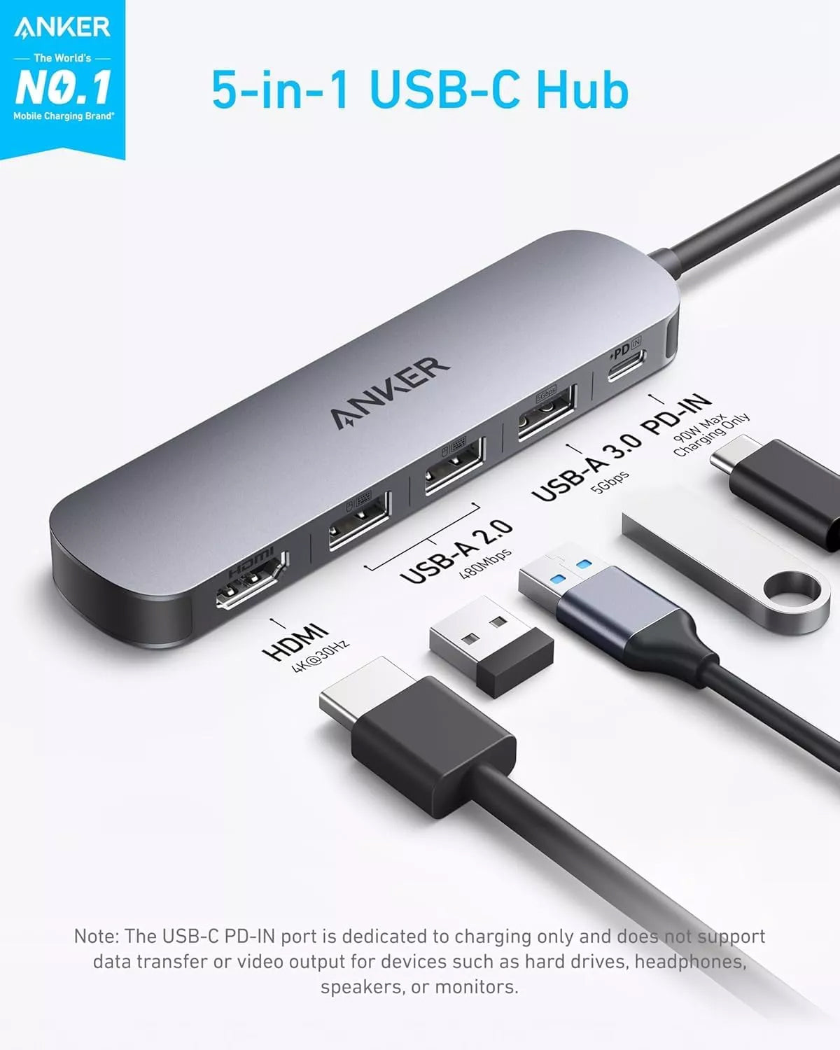Hub USB-C Anker, 2 x USB-A - 1 x USB-A 3.0 - 1 x USB-C - 1 x HDMI, Sivi A8357HA0