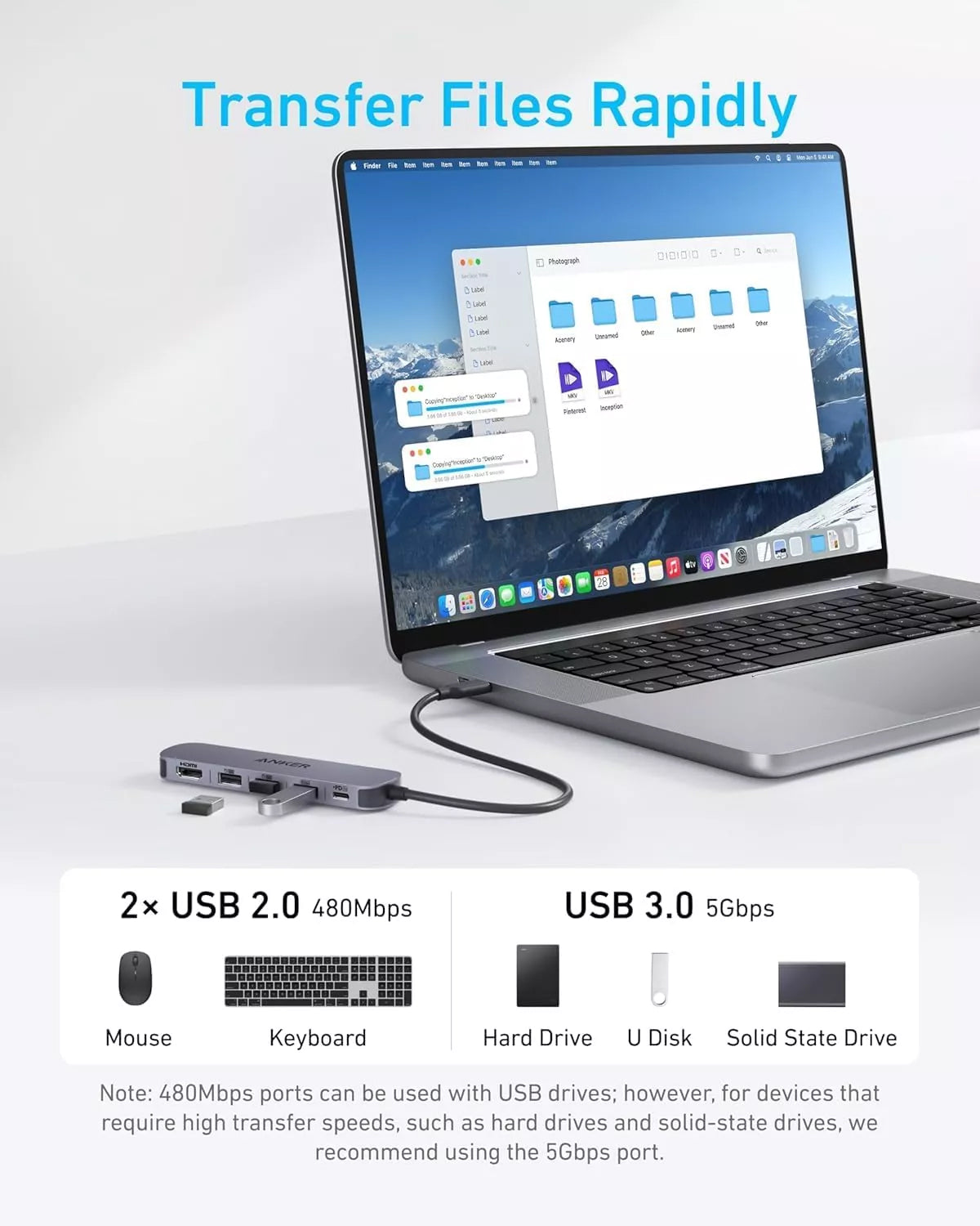 Hub USB-C Anker, 2 x USB-A - 1 x USB-A 3.0 - 1 x USB-C - 1 x HDMI, Sivi A8357HA0