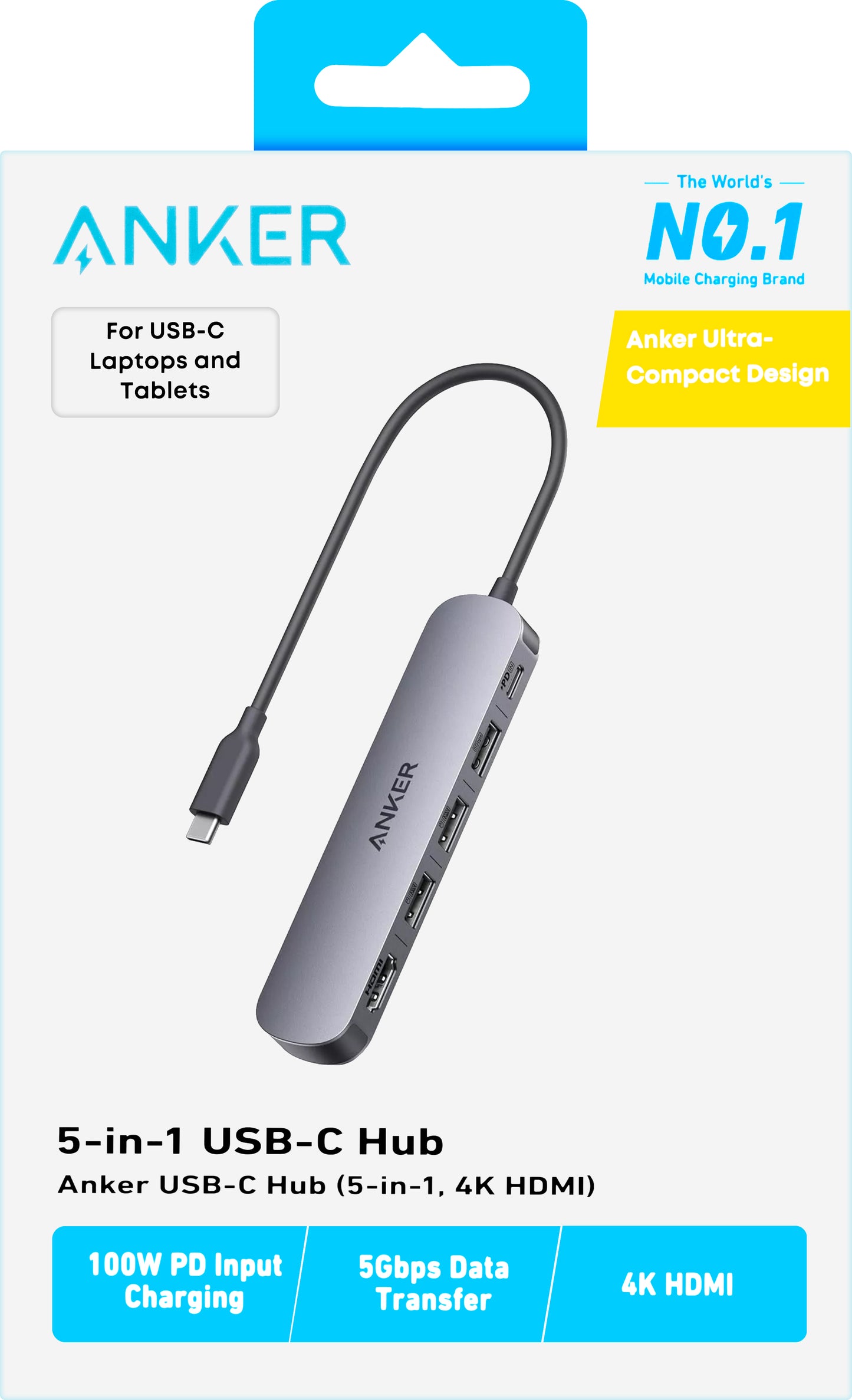Hub USB-C Anker, 2 x USB-A - 1 x USB-A 3.0 - 1 x USB-C - 1 x HDMI, Sivi A8357HA0