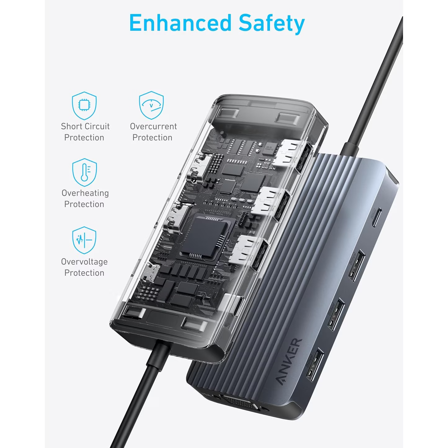 Hub USB-C Anker, 3 x USB-A 3.0 - 2 x USB-C - 2 x HDMI - 1 x VGA, Sivi A83790A2