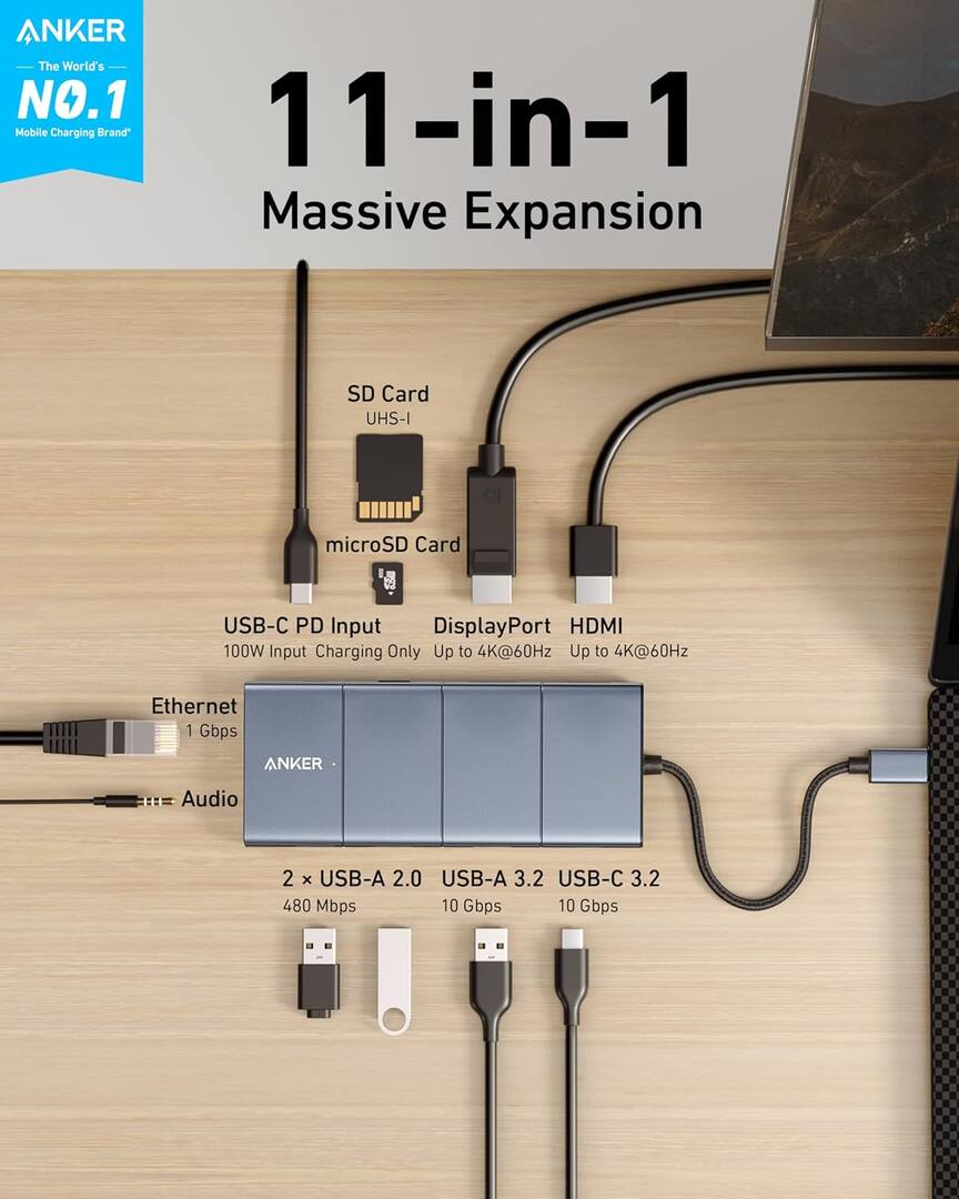 Hub USB-C Anker PowerExpand, 1 x USB-A 3.2 - 2 x USB-A - 2 x USB-C - 1 x Display Port - 1 x HDMI - 1 x Jack 3.5mm - 1 x RJ45 - 1 x SD - 1 x microSD, Siva