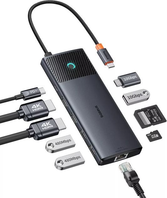 Hub USB-C Baseus Dual Display, 1 x USB-A 3.0 - 2 x USB-A - 2 x USB-C - 2 x HDMI - 1 x RJ45 - 1 x SD - 1 x microSD, Crni B00061800123-01