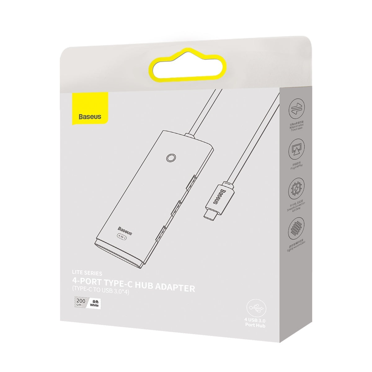 USB-C Hub Baseus Lite, 4 x USB-A 3.2, 2m, Bijeli