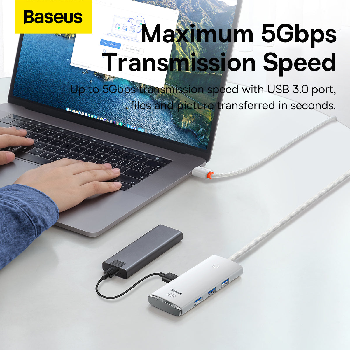USB-C Hub Baseus Lite, 4 x USB-A 3.2, 2m, Bijeli