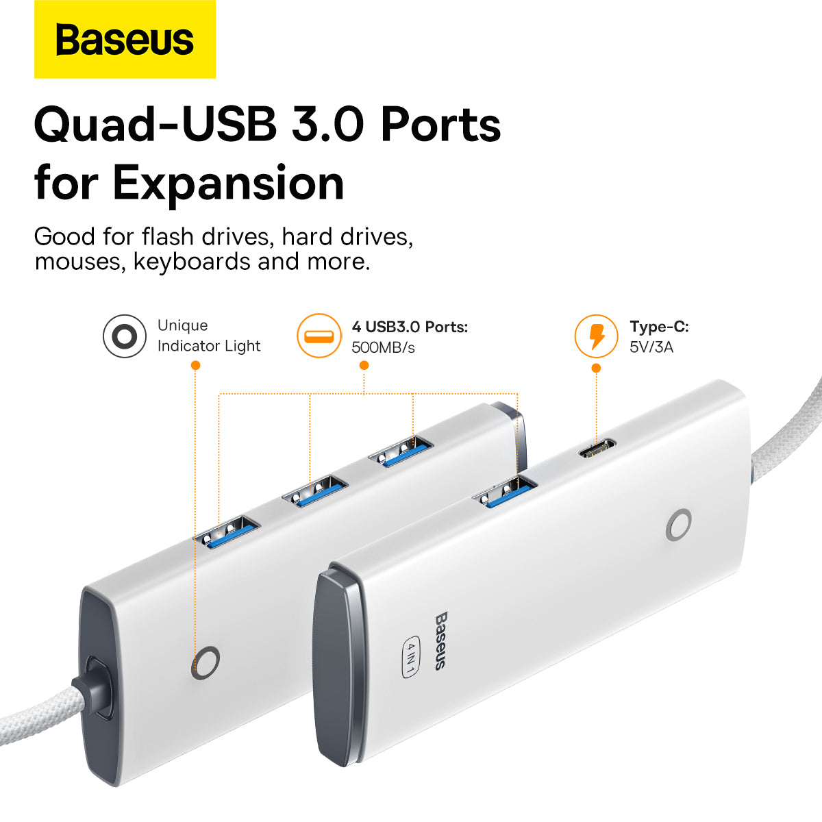 USB-C Hub Baseus Lite, 4 x USB-A 3.2, 2m, Bijeli