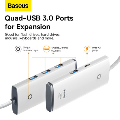 USB-C Hub Baseus Lite, 4 x USB-A 3.2, 2m, Bijeli