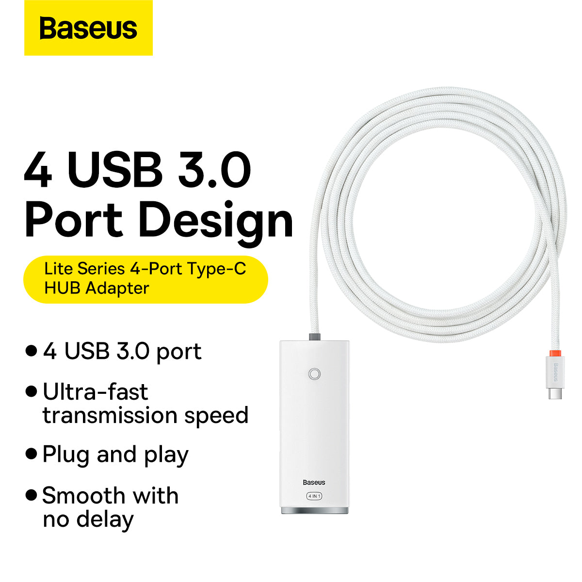 USB-C Hub Baseus Lite, 4 x USB-A 3.2, 2m, Bijeli