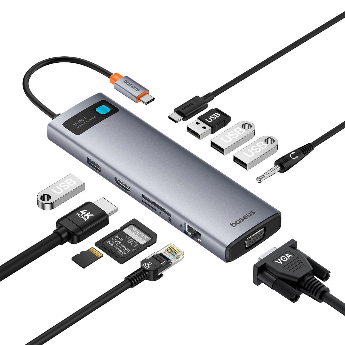 USB-C Hub Baseus Metal Gleam, 3 x USB-A 3.0 - 1 x USB-A - 1 x USB-C - 1 x HDMI - 1 x VGA - 1 x Jack 3.5mm - 1 x RJ45 - 1 x SD - 1 x microSD, Sivi