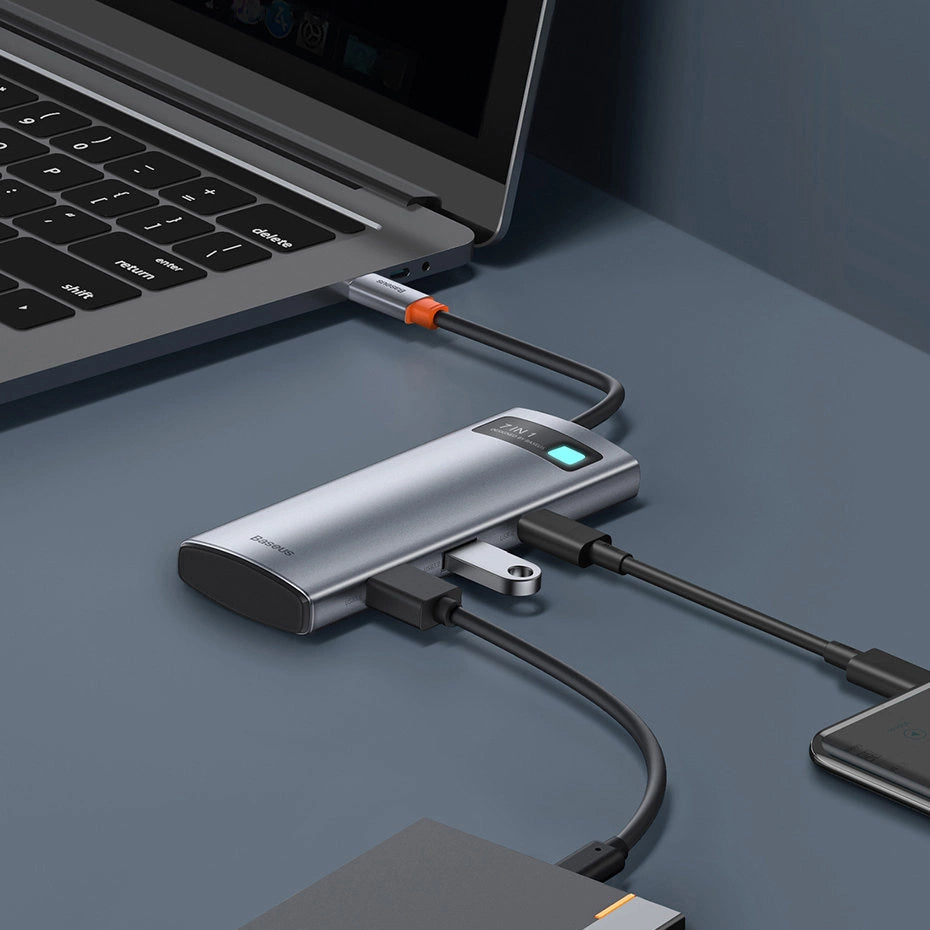 Hub USB-C Baseus Metal Gleam, 2 x USB-A 3.0 - 2 x USB-C - 1 x HDMI - 1 x SD - 1 x microSD, Sivi WKWG020113