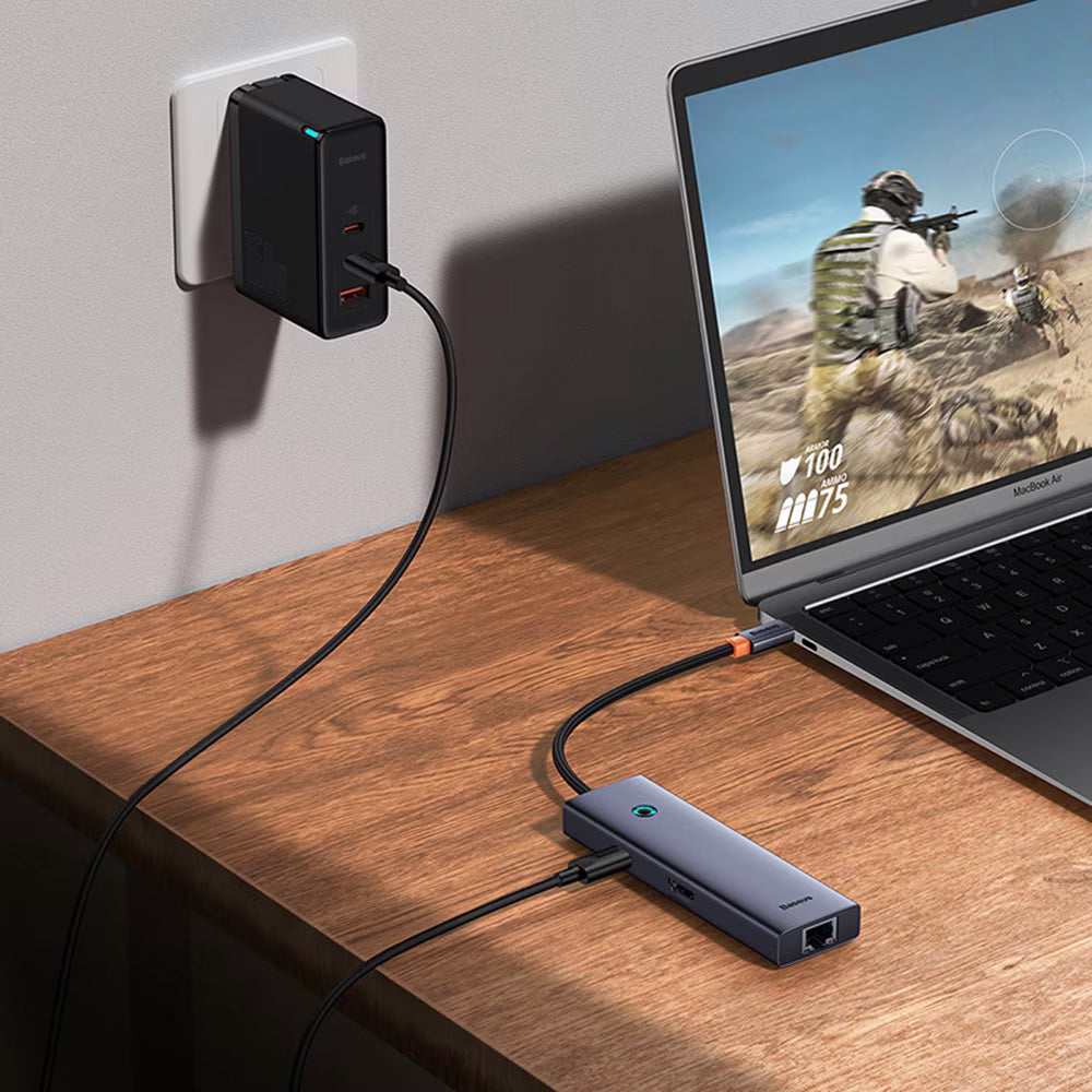 Hub USB-C Baseus UltraJoy, 3 x USB-A 3.0 - 1 x USB-C - 1 x HDMI - 1 x RJ45, Sivi B00052807813-00