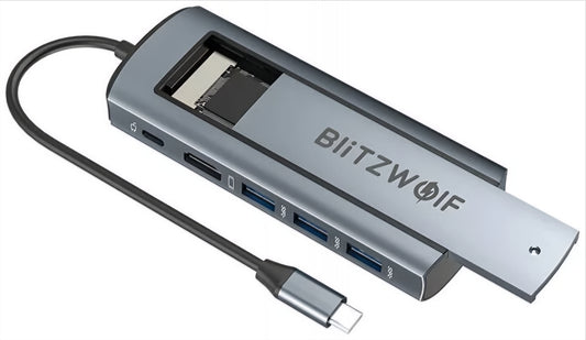 Hub USB-C BlitzWolf BW-Neo TH13, 3 x USB-A 3.0 - 1 x USB-C - 1 x Display Port - 1 x SSD sučelje, Sivi