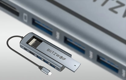 Hub USB-C BlitzWolf BW-Neo TH13, 3 x USB-A 3.0 - 1 x USB-C - 1 x Display Port - 1 x SSD sučelje, Sivi