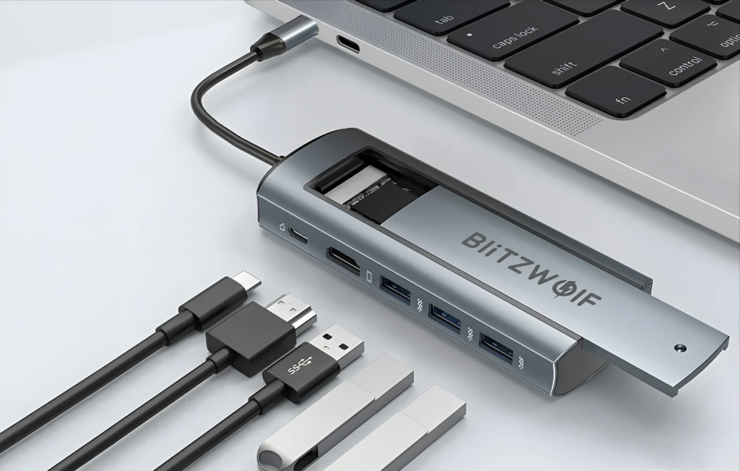 Hub USB-C BlitzWolf BW-Neo TH13, 3 x USB-A 3.0 - 1 x USB-C - 1 x Display Port - 1 x SSD sučelje, Sivi