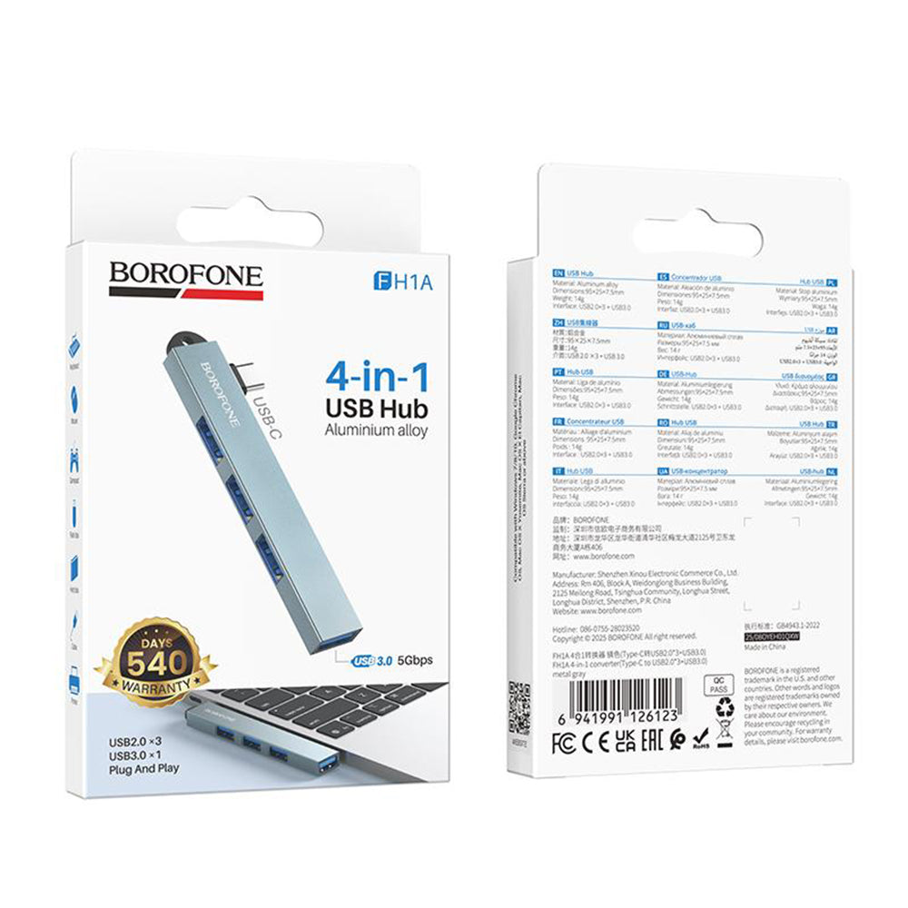 Hub USB-C Borofone FH1A, 4u1, Siva