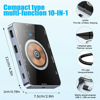 USB-C Hub s Bežičnim Punjenjem QI OEM YC7209, 10u1, Siva