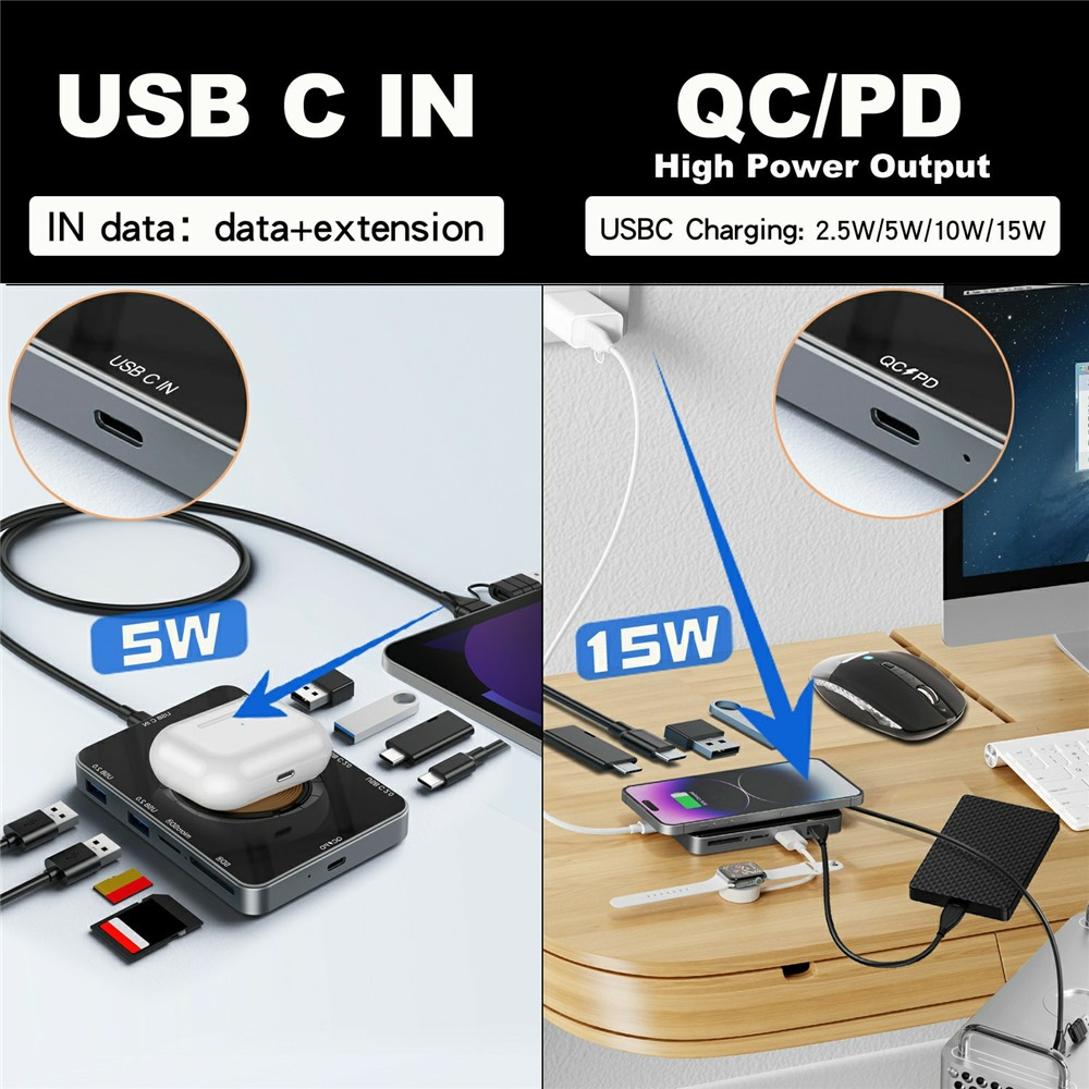 USB-C Hub s Bežičnim Punjenjem QI OEM YC7209, 10u1, Siva