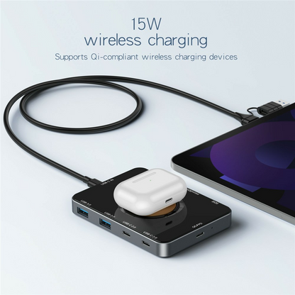 USB-C Hub s Bežičnim Punjenjem QI OEM YC7209, 10u1, Siva