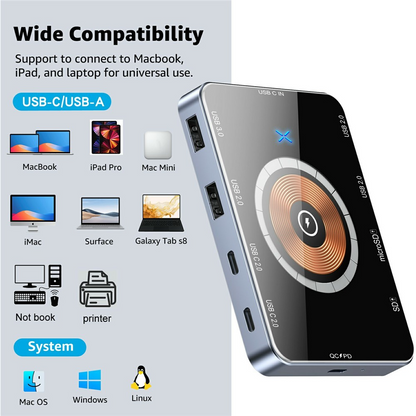 USB-C Hub s Bežičnim Punjenjem QI OEM YC7209, 10u1, Siva