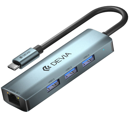 Hub USB-C DEVIA EC621, 3 x USB-A 3.0 - 1 x RJ45, Sivi