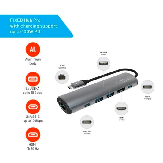 Hub USB-C Fixed Pro, 6u1, Sivi
