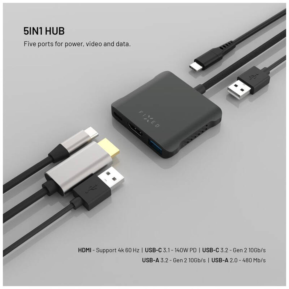 Hub USB-C Fixed Quadri, 5u1, Crni