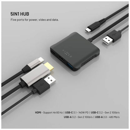 Hub USB-C Fixed Quadri, 5u1, Crni