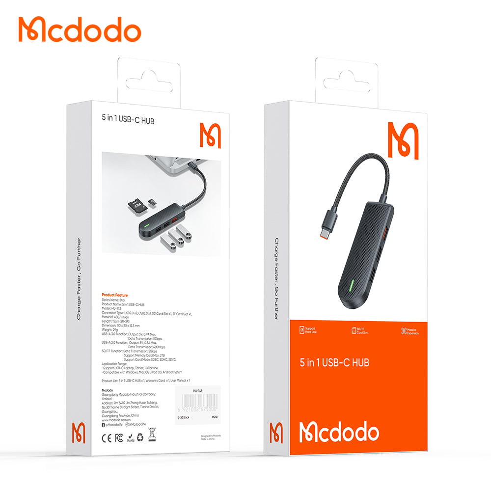 Hub USB-C McDodo HU-1430 Star, 5u1, Crni