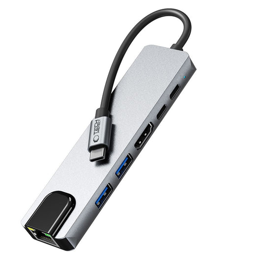 Hub USB-C Tech-Protect HB02, 1 x USB-A 3.0 - 1 x USB-A - 2 x USB-C - 1 x HDMI - 1 x RJ45, Sivi
