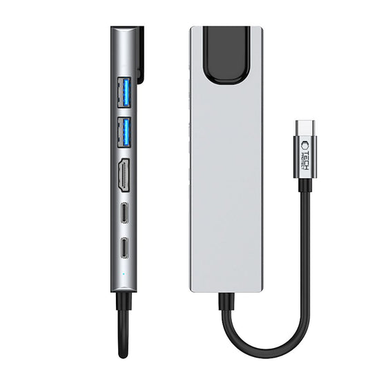 Hub USB-C Tech-Protect HB02, 1 x USB-A 3.0 - 1 x USB-A - 2 x USB-C - 1 x HDMI - 1 x RJ45, Sivi