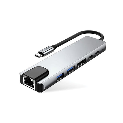 Hub USB-C Tech-Protect HB02, 1 x USB-A 3.0 - 1 x USB-A - 2 x USB-C - 1 x HDMI - 1 x RJ45, Sivi