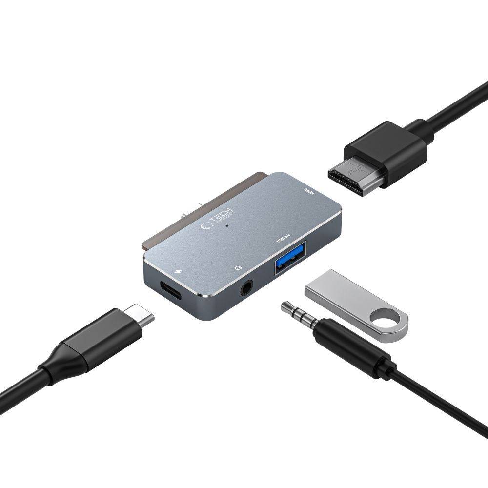 USB-C Hub Tech-Protect V6, 1 x USB-A - 1 x USB-C - 1 x HDMI - 1 x Jack 3.5mm, Sivi