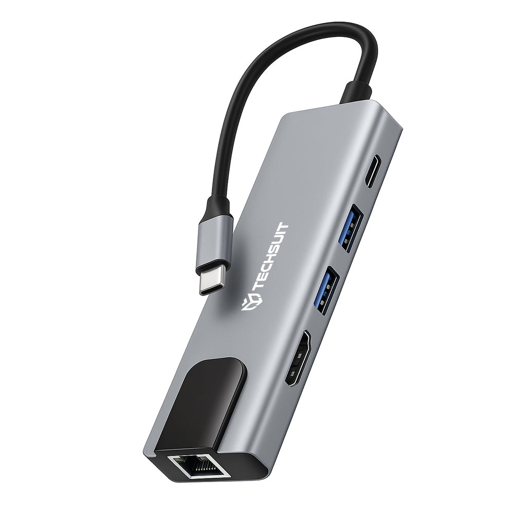 Hub USB-C Techsuit H1 NetBridge, 5u1, Sivi
